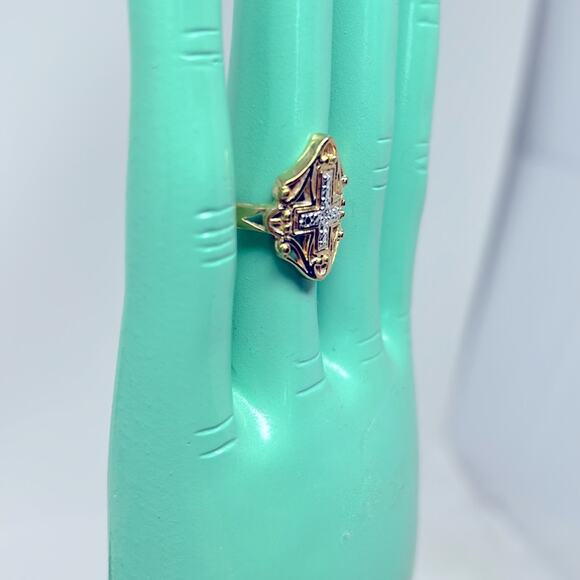 Thailand Gold Over Sterling Silver Clear Crystal Cross Ring Size 6 - Picture 2 of 4